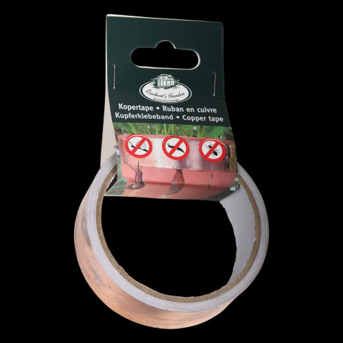 Self-adhesive copper tape for deterring snails and ants, protecting plants with a mild electric shock barrier.