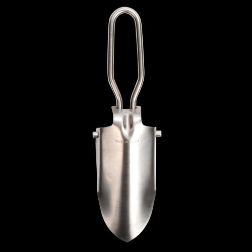 Compact foldable hand shovel made of stainless steel, perfect for indoor and outdoor potting tasks. Ideal for small spaces.