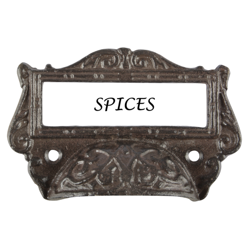 Set of 6 vintage-style cast iron drawer pulls with label holders, ideal for stylish home organization and decor.