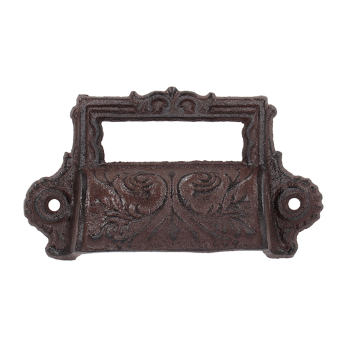 Set of 6 vintage-style cast iron drawer pulls with label holders for stylish home organization and easy access.