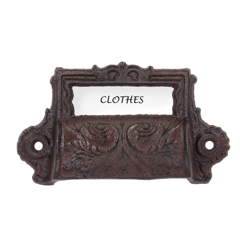 Set of 6 cast iron drawer pulls with label holders, combining vintage charm and practicality for stylish organization.