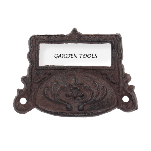 Vintage cast iron drawer pulls with label holders, set of 6, perfect for elegant home organization and decor.