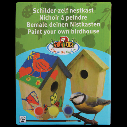 DIY wooden birdhouse kit with paint, ideal for small birds like the Eurasian blue tit; features easy access for cleaning.