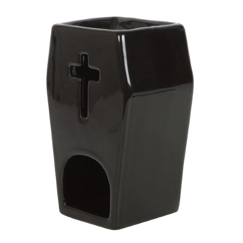 Coffin-shaped oil burner with cross cutouts, perfect for gothic decor and creating ambient light with scented oils.