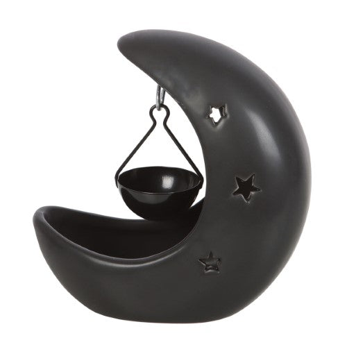 Black crescent moon hanging oil burner with star cut-outs, perfect for creating a soothing, aromatic ambiance at home.