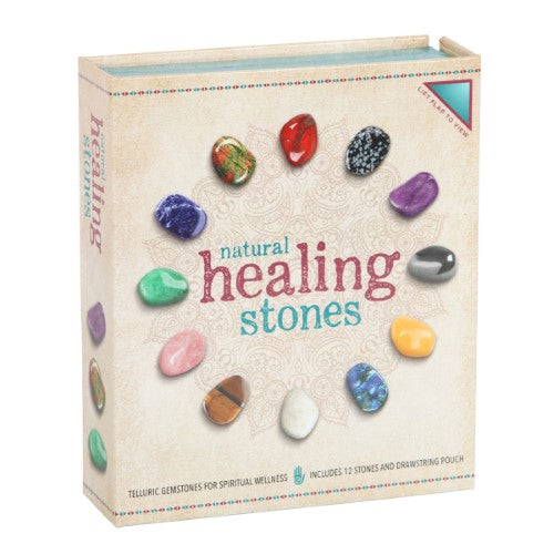 Set of 12 natural crystal healing gemstones for meditation, in a stylish box with jute bag, promoting emotional and spiritual well-being.