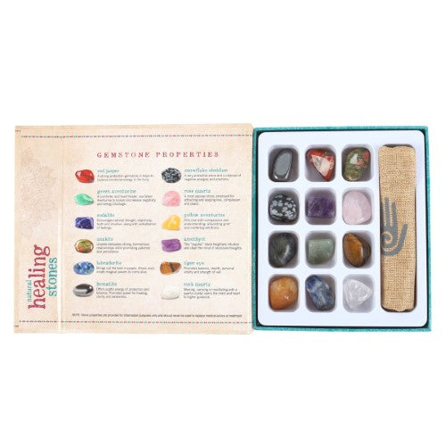 Set of 12 natural crystal gemstones in a magnetic box, promoting meditation and emotional healing with unique properties.