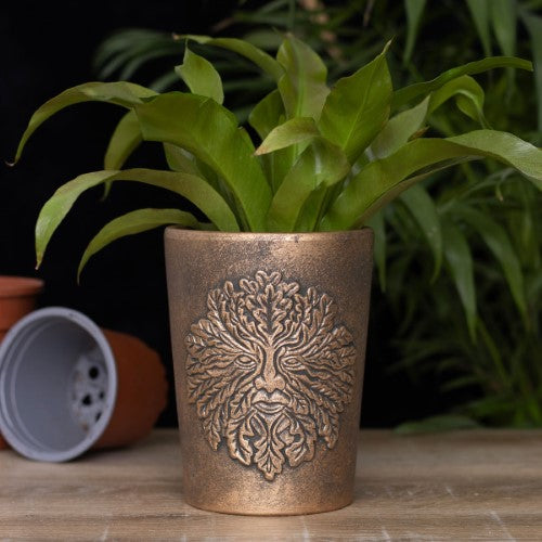 "Intricate Green Man design on bronze-finished terracotta plant pot, ideal for enhancing indoor or outdoor gardens."