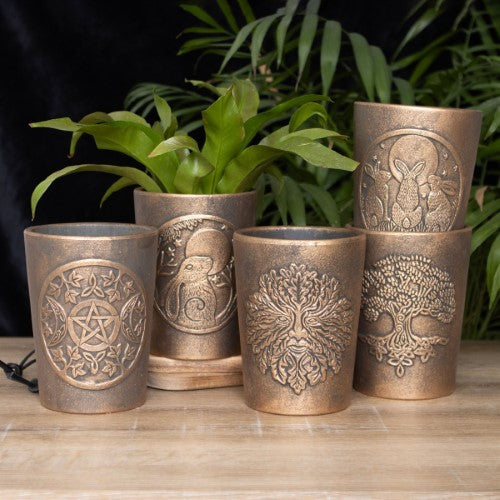 Green Man Bronze Terracotta Plant Pot by Lisa Parker featuring intricate Green Man design, perfect for indoor or outdoor gardening.