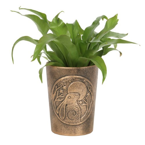 Moon Gazing Hare Bronze Terracotta Plant Pot featuring intricate artwork by Lisa Parker, perfect for indoor gardening.