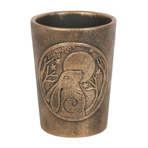 Moon Gazing Hare bronze terracotta plant pot by Lisa Parker, featuring enchanting artwork and a mystical design for indoor gardening.