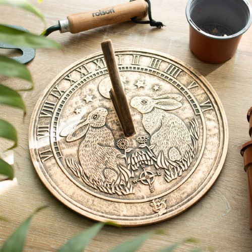 Moon Gazing Hare Terracotta Sundial by Lisa Parker, featuring an elegant design with rustic finish, perfect for garden decor.