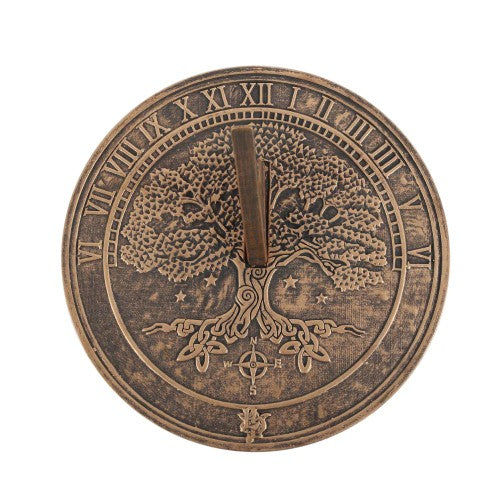 Tree of Life terracotta sundial by Lisa Parker, featuring a rustic bronze finish; perfect outdoor decor and timekeeper.
