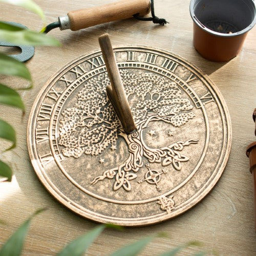 Tree of Life terracotta sundial by Lisa Parker, beautifully detailed with rustic finish, perfect for outdoor decoration and timekeeping.