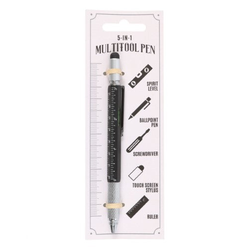 5-in-1 multitool pen featuring a ballpoint pen, screwdriver, spirit level, stylus, and ruler in a compact design.