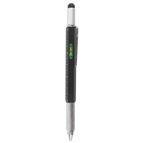 5-in-1 multitool ballpoint pen with screwdriver, spirit level, stylus, and ruler; perfect for DIY enthusiasts and handy gifts.