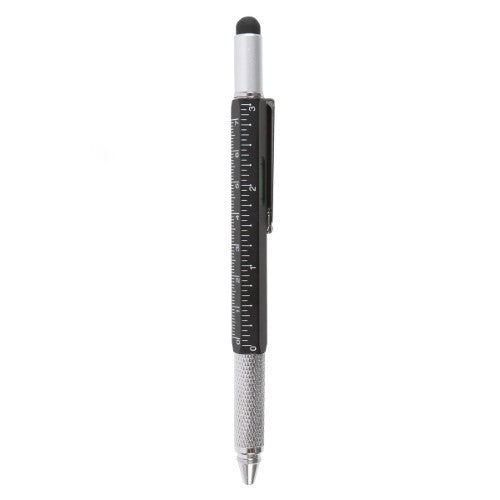 5-in-1 Multitool Ballpoint Pen featuring a pen, screwdriver, spirit level, stylus, and ruler for DIY enthusiasts.