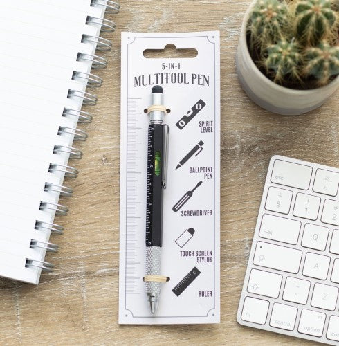 5-in-1 Multitool Ballpoint Pen featuring a pen, screwdriver, spirit level, stylus, and ruler in a compact design.