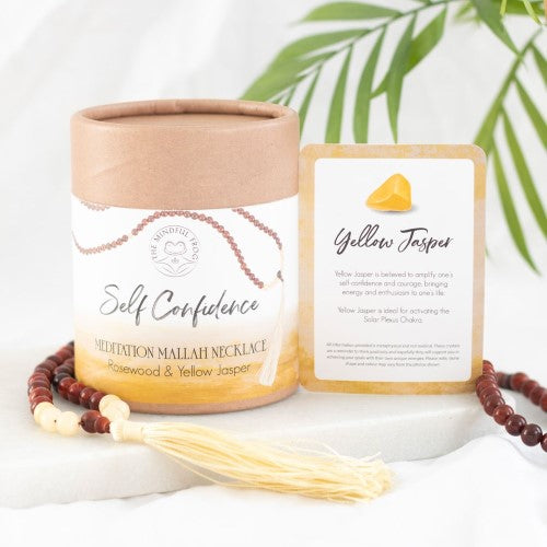 Self Confidence Mala Necklace featuring warm rosewood beads and vibrant Yellow Jasper stones, enhancing self-assurance and courage.