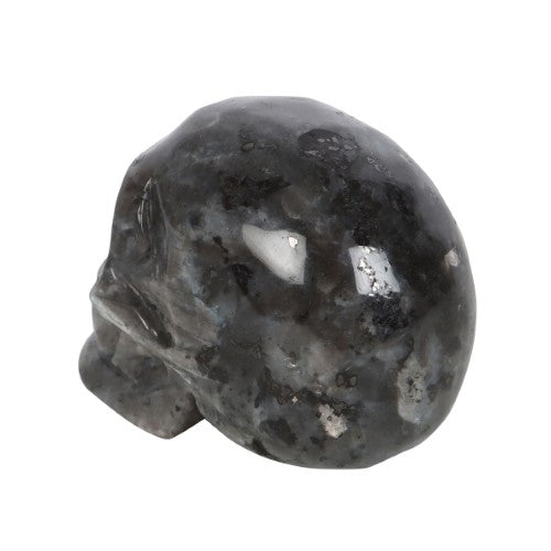 Sleek Black Labradorite Crystal Skull, 4x5x2 cm, enhancing decor with grounding energy and mystical charm in a drawstring pouch.