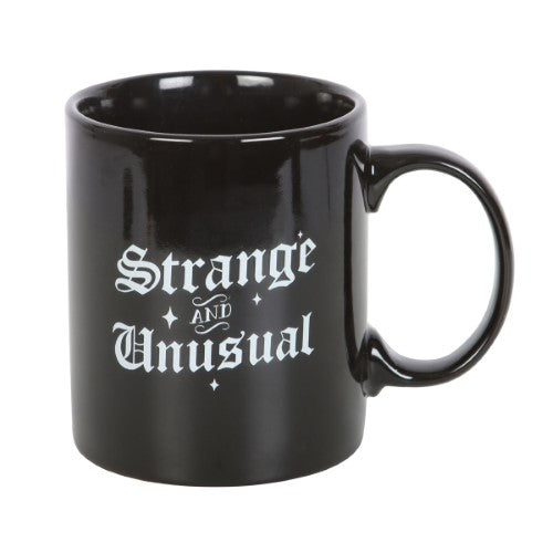 Strange and Unusual Mug featuring gothic lettering, 300ml capacity, perfect for hot beverages and showcasing your quirky style.