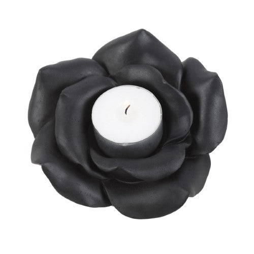 Black Rose Resin Tealight Candle Holder with intricate design, perfect for gothic decor and creating a romantic ambiance.
