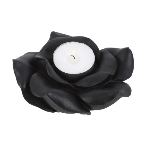 Black Rose Resin Tealight Candle Holder features an intricate black rose design, perfect for adding gothic elegance to any space.