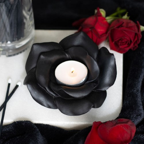 Black Rose Resin Tealight Holder with intricate details, perfect for gothic decor and creating a romantic ambiance.