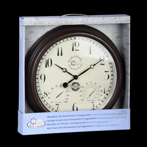 Vintage Eastgate outdoor clock with thermometer and hygrometer, perfect for gardens, patio decor, and weather updates.