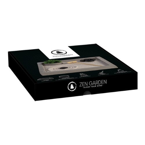 Compact 20x20cm Zen garden kit with white sand, stones, planter, and rake for meditation and relaxation at home or office.