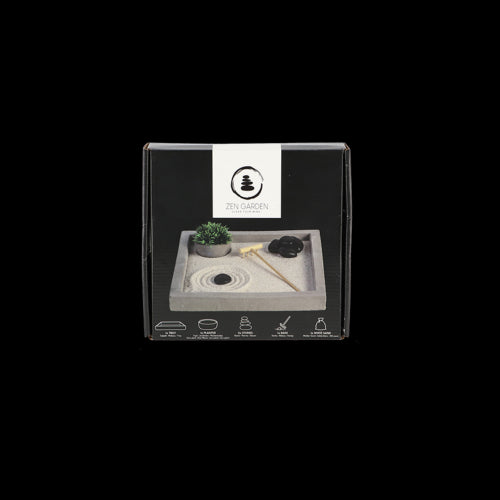 Compact 20x20cm square Zen garden set with tray, white sand, stones, planter, and rake for mindfulness and relaxation.