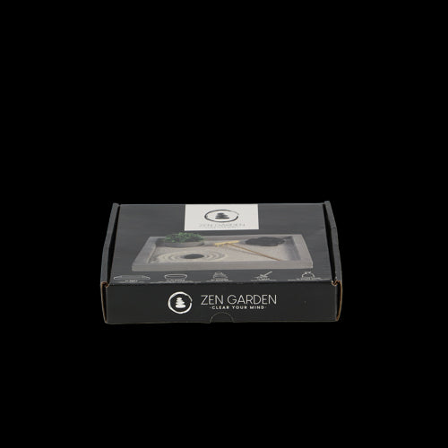 Compact 20x20cm Japanese Zen garden kit with tray, sand, stones, planter, and rake for meditation and mindfulness.