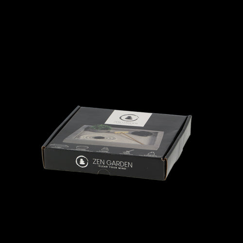 A compact 20x20cm square Zen garden set with tray, white sand, stones, planter, and rake for mindfulness and relaxation.