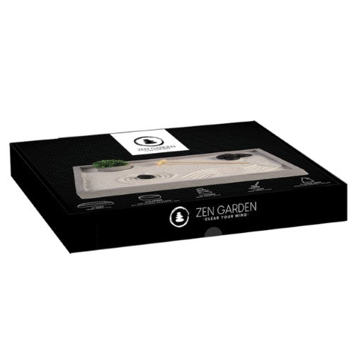 Zen Garden Rectangular 22x30cm with sand, stones, bamboo planter, and rake for meditation and mindfulness at home or office.