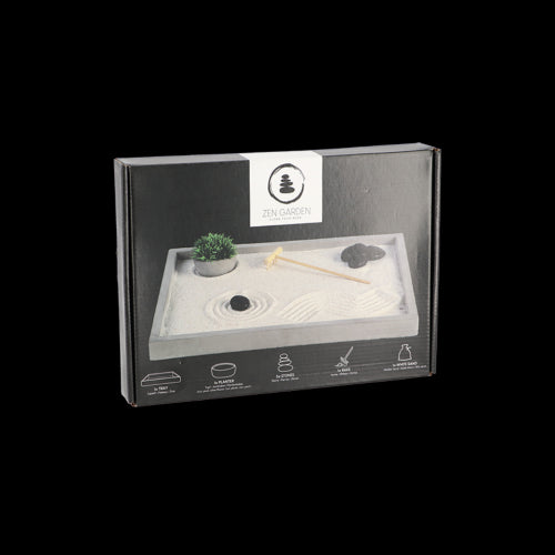 Tranquil rectangular 22x30cm Zen garden with concrete tray, white sand, polished stones, bamboo planter, and wooden rake.