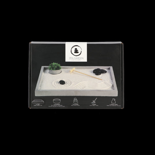 Elegant rectangular zen garden (22x30cm) with sand, stones, bamboo planter, and rake for mindfulness and tranquility.