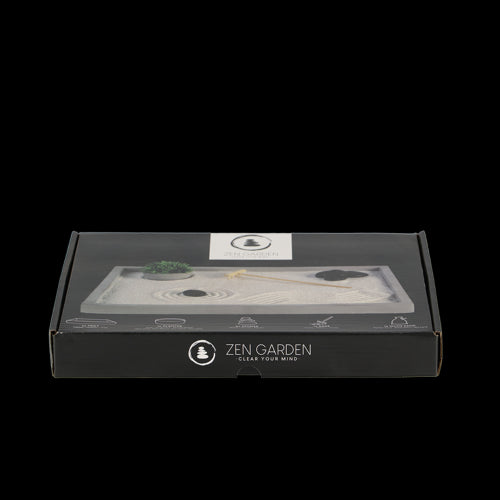 Zen Garden Rectangular 22x30cm featuring concrete tray, white sand, polished stones, bamboo planter, and wooden rake for tranquility.