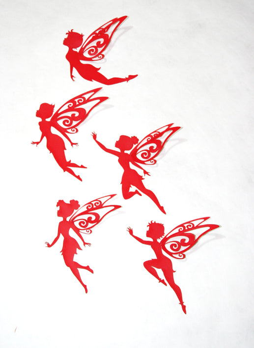 Set of 5 vibrant red flying fairy wall art pieces, each 15-17cm tall, perfect for adding whimsical decor to any space.