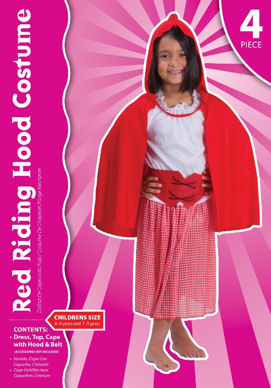 Child’s Red Riding Hood costume features a skirt, top, cape with hood, and belt, perfect for dress-up and Halloween fun.