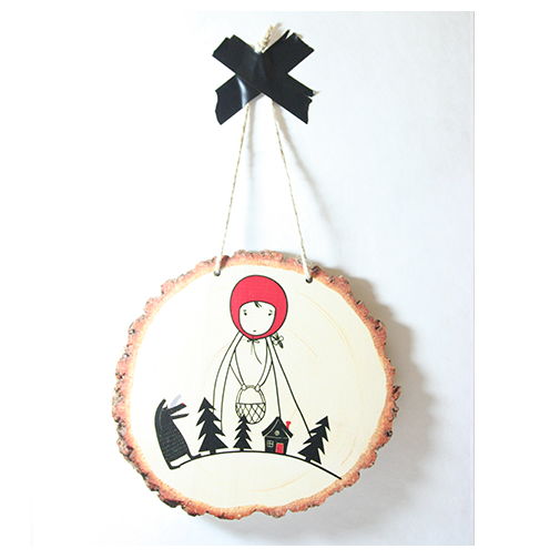 Wood slice wall art featuring Red Riding Hood, made of eco-friendly pine veneer, ready to hang, 155mm x 145mm.