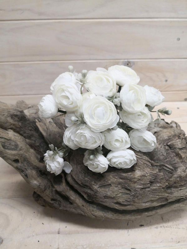 Lifelike white artificial ranunculus posies, perfect for elegant decor, bouquets, and events, offering lasting beauty without upkeep.