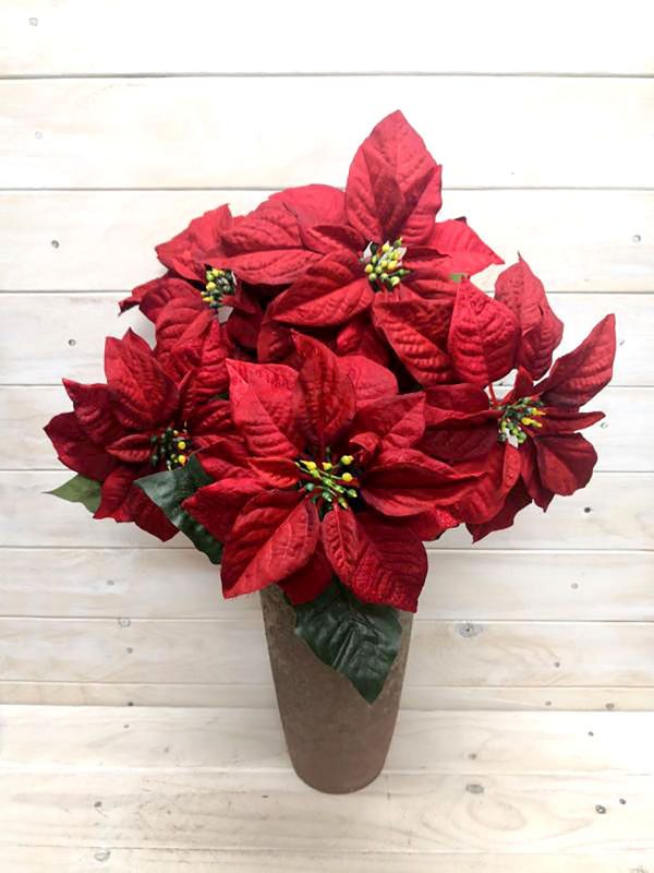 Large red artificial poinsettia bush with five lifelike blooms, perfect for festive decor and long-lasting elegance.