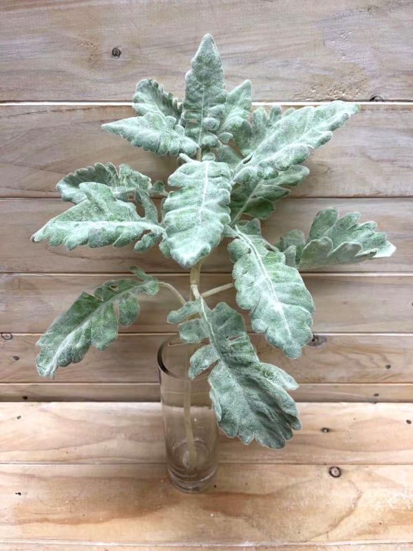 Elegant artificial dusty miller spray with realistic muted green leaves, perfect for enhancing home decor or floral arrangements.