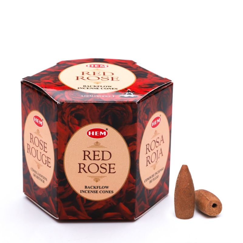 A box of 12 packs of red rose backflow cones, offering 480 cones for soothing aromatherapy and tranquil ambiance.