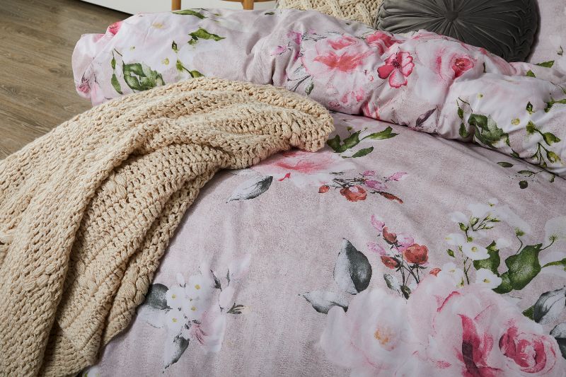 Queen Duvet Cover Set in Cherub Pink with floral design, faux-linen texture, perfect for elegant bedroom decor.