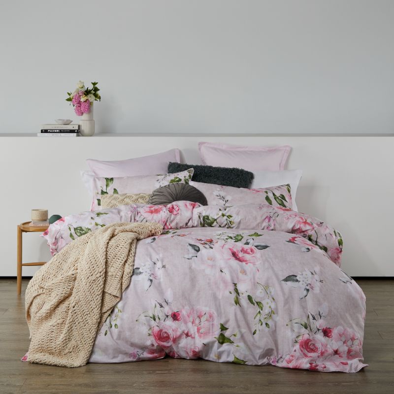 Queen Duvet Cover Set in Cherub Pink with floral design, faux-linen texture, 210x210 cm, perfect for stylish bedroom decor.