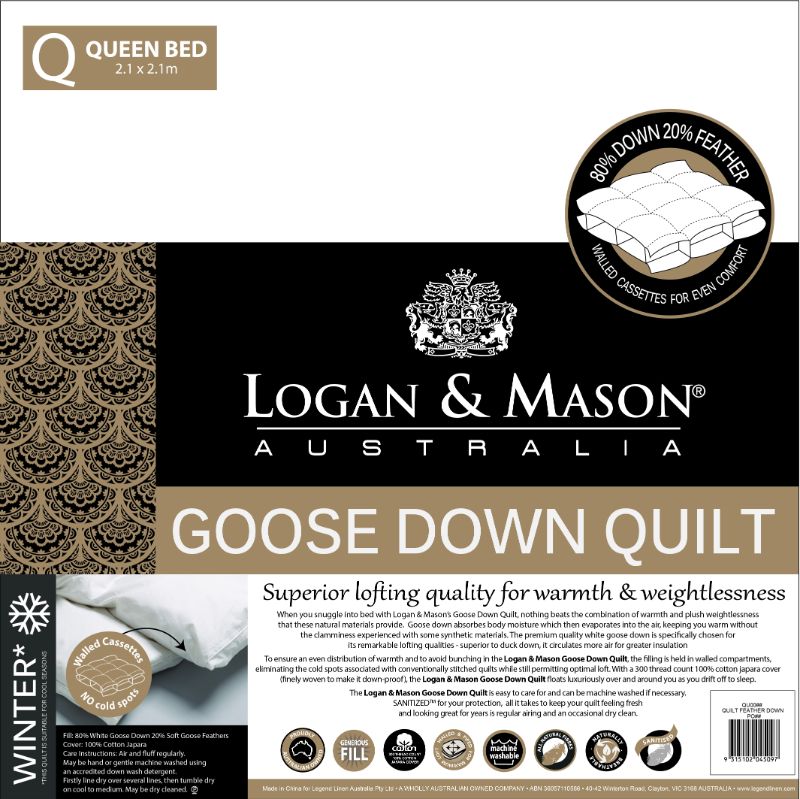 Duvet Inner - Queen Bed - 80% GOOSE DOWN 20% FEATHER (LOGAN & MASON)