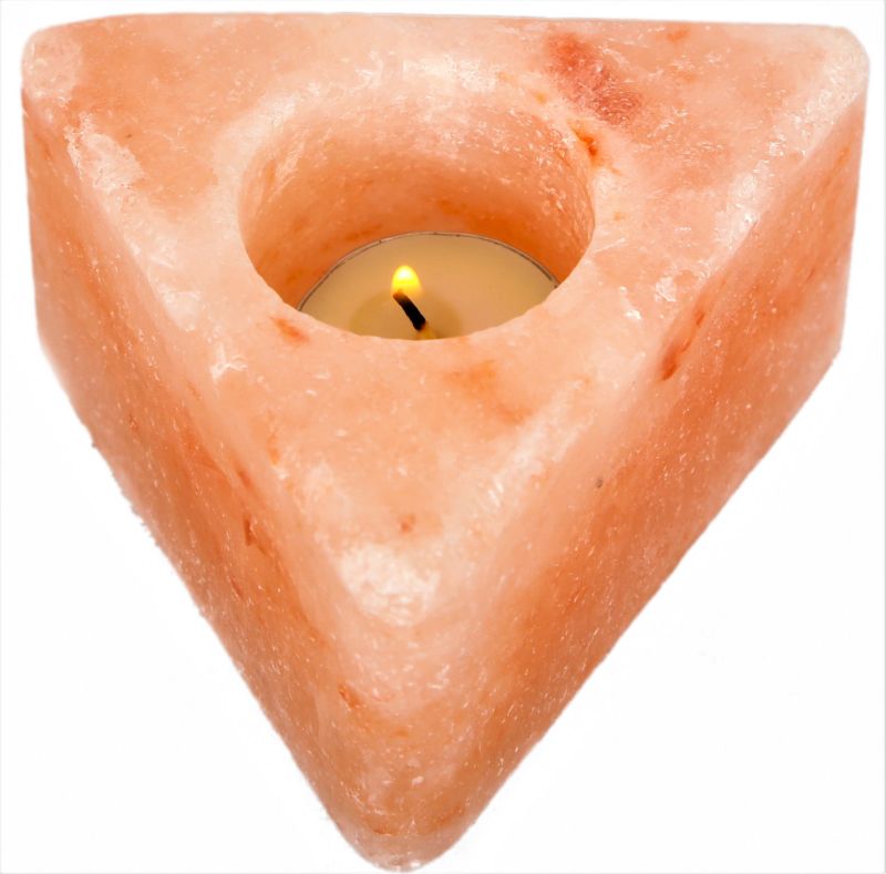 Elegant T-Light Himalayan Salt Triangle emitting a warm glow, promoting wellness and purifying air with its natural pink salt.
