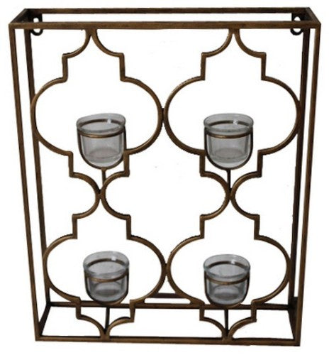 Elegant Moroccan-style tealight holder with four glass holders in an antique brass frame, ideal for wall mounting and ambiance.