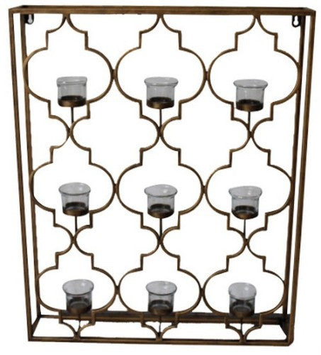 Hanging tealight holder with nine glass holders in an antique brass frame, ideal for indoor and outdoor decor.